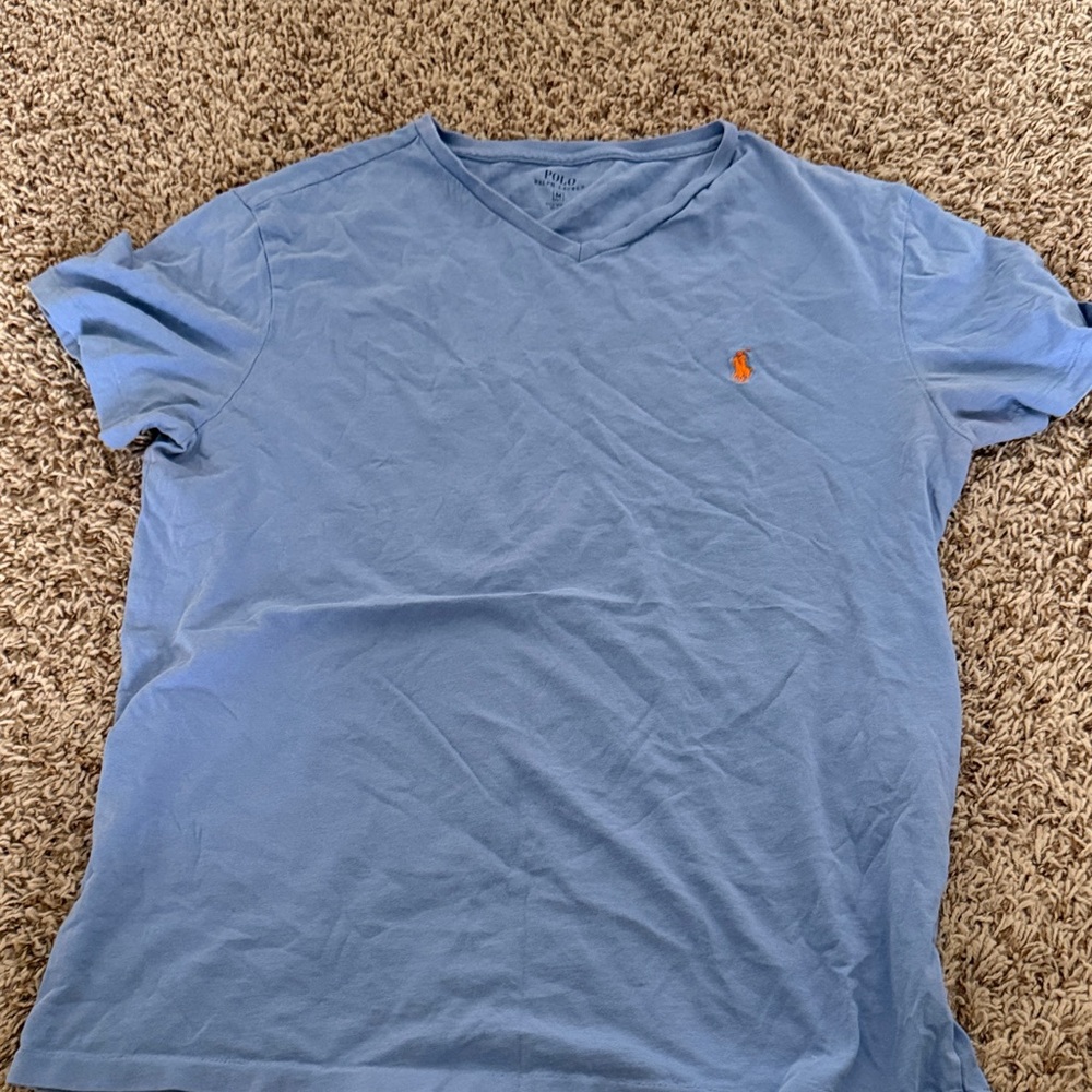 Polo by Ralph Lauren Men's Light Blue Tee with Orange Logo